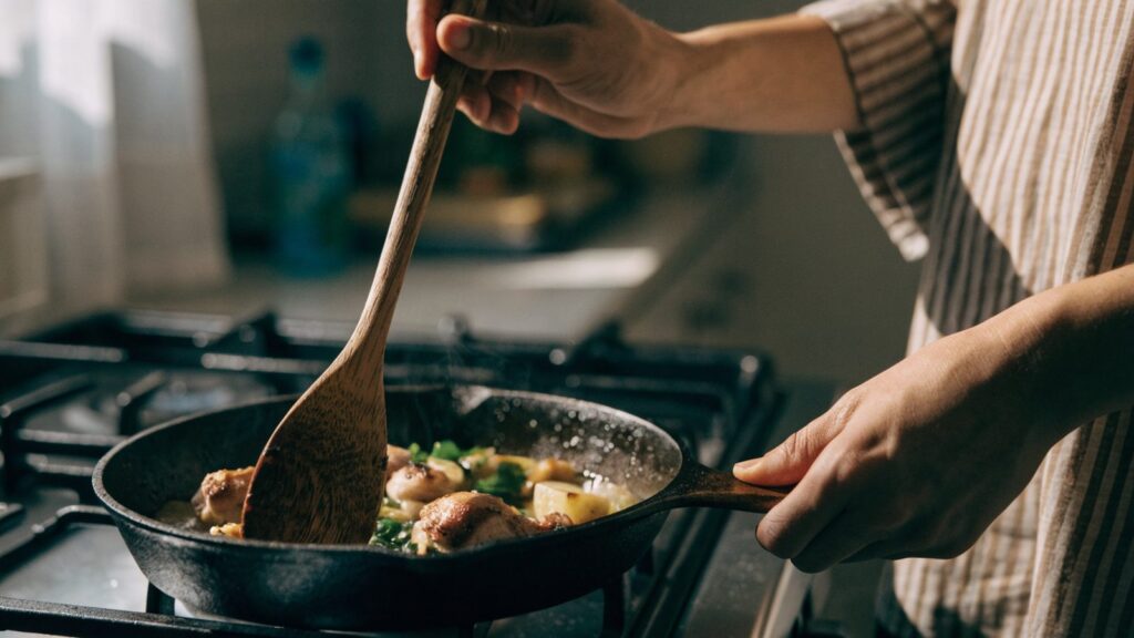 A home cook stirring a simple one-pan meal in a skillet