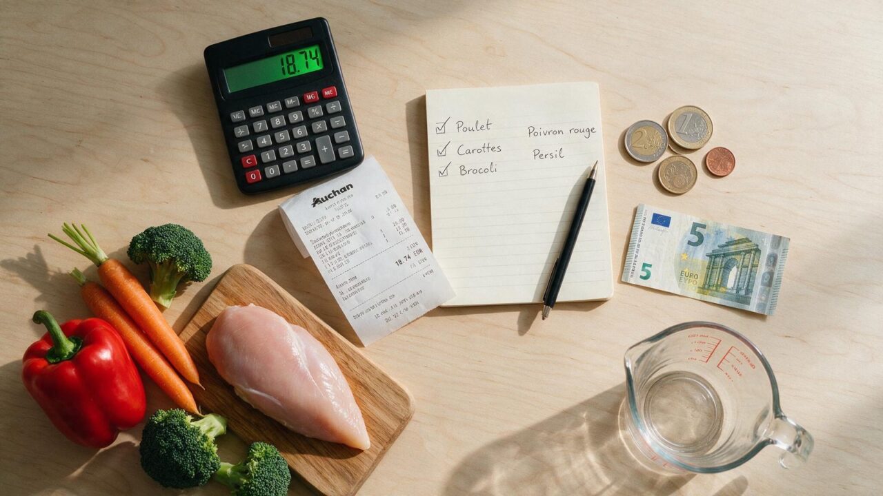 Vue de dessus d'ingredients bruts, d'une calculatrice et d'un ticket de caisse illustrant le calcul du cout d'un repas fait maison