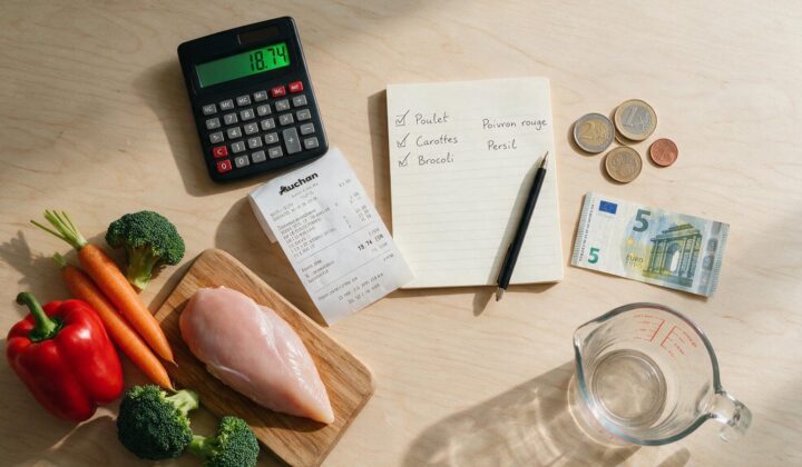 Vue de dessus d'ingredients bruts, d'une calculatrice et d'un ticket de caisse illustrant le calcul du cout d'un repas fait maison