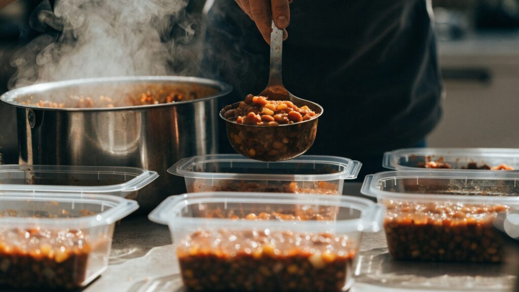 A large pot of budget-friendly chili being ladled into meal prep containers