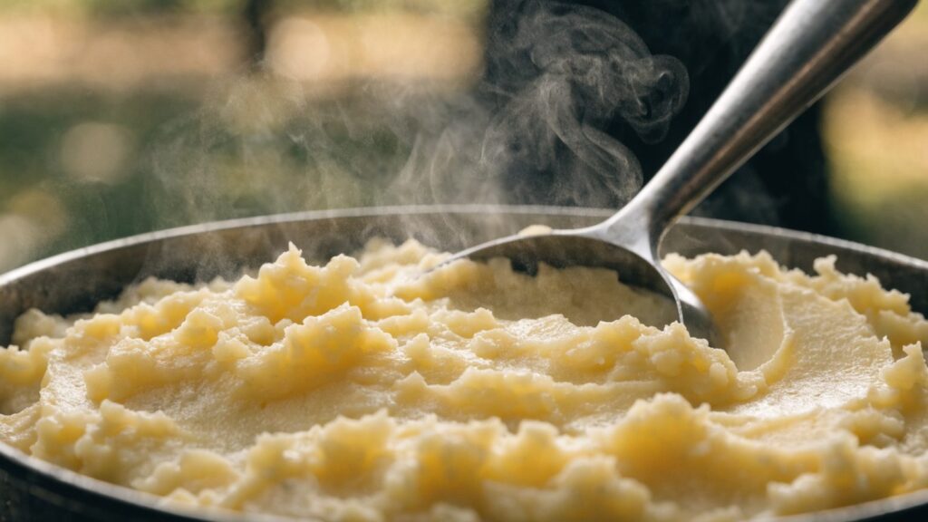 Creamy mashed potatoes in a pot with a serving scoop, steam rising
