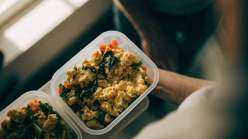 Egg white and vegetable scramble portioned into a meal prep container