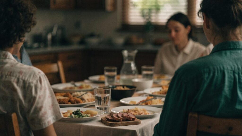 A family dinner table set with multiple plates of food