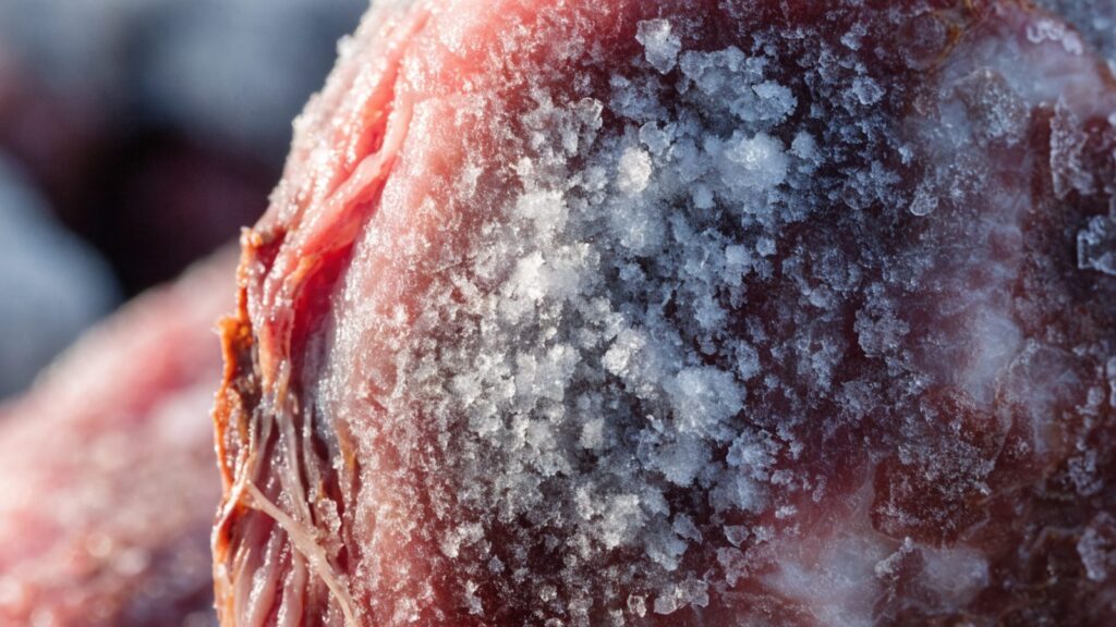Close-up of freezer-burned frozen meat showing grayish ice crystals