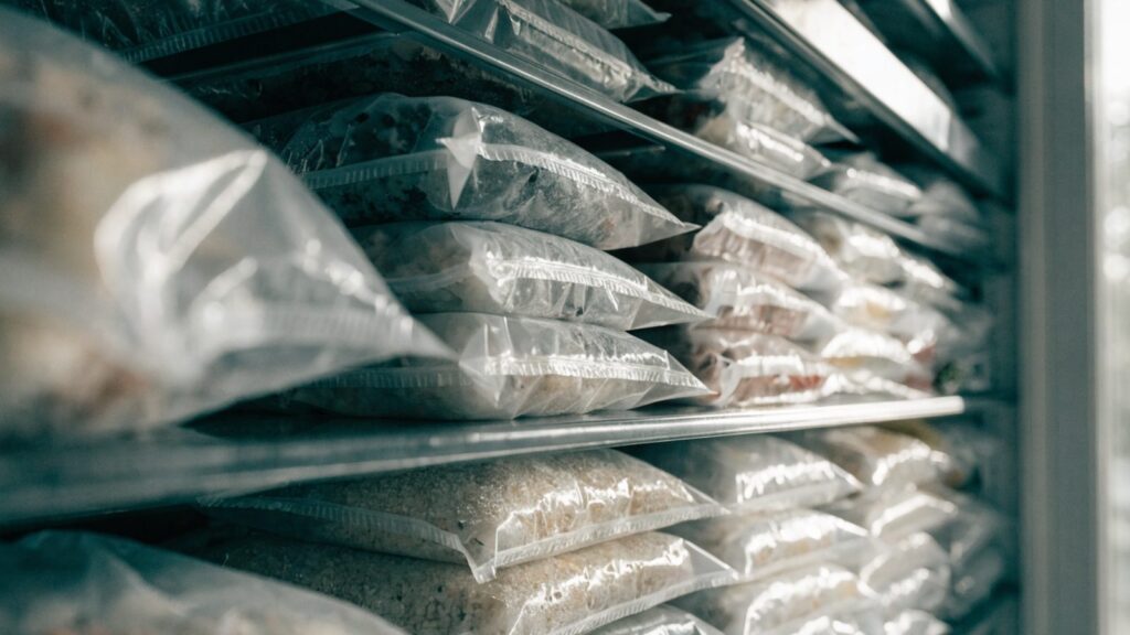 A freezer shelf stacked with labeled batch-cooked meal bags