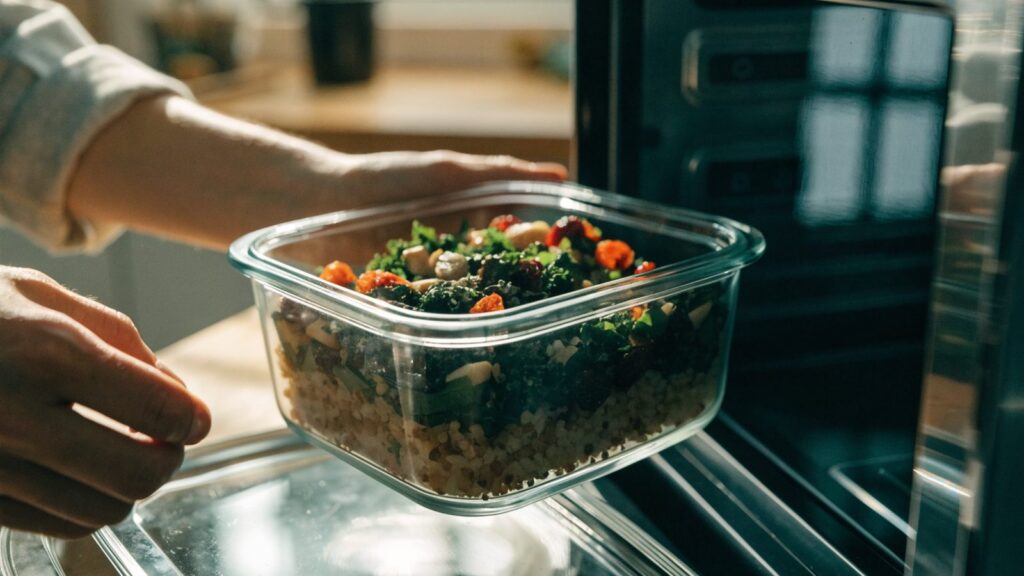 A glass meal prep container going into a microwave with its lid removed