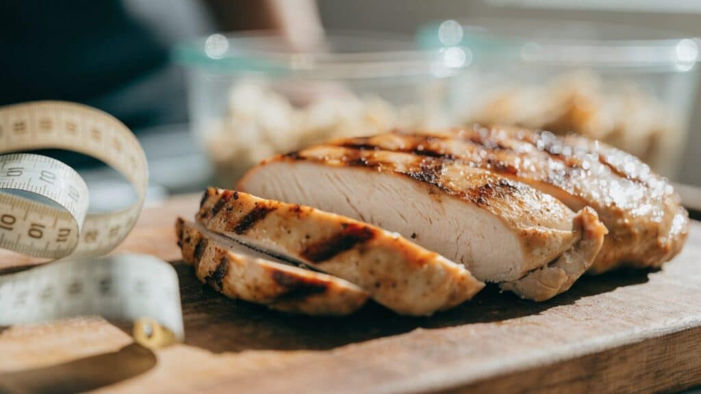 Grilled chicken breast sliced on a cutting board next to a measuring tape