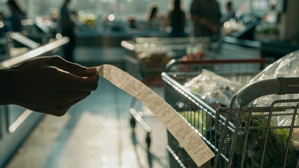 A hand holding a long grocery receipt next to a full shopping cart at checkout