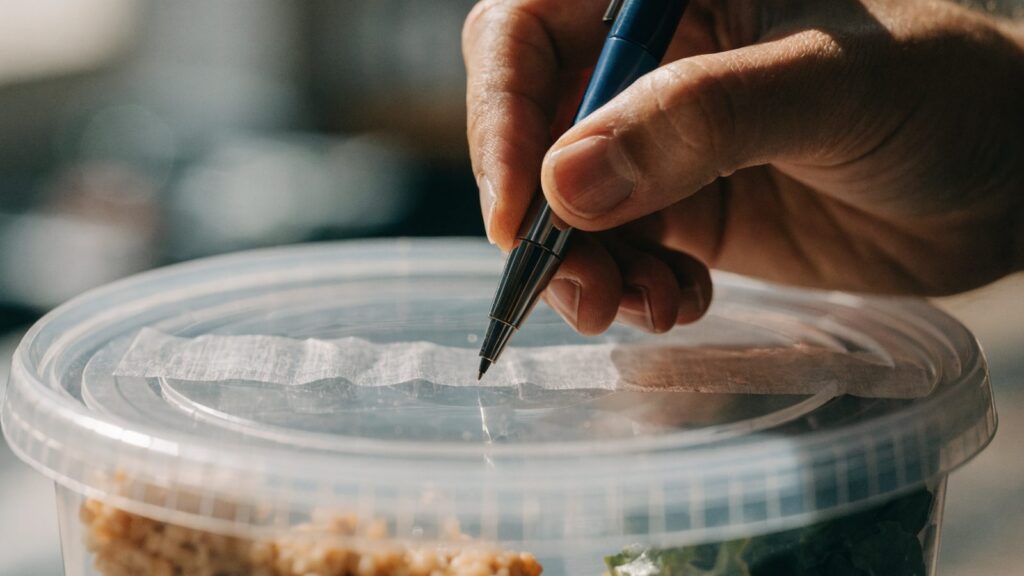 A hand writing a date on masking tape stuck to a meal prep container lid