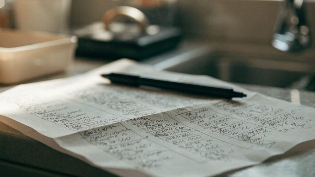 A handwritten grocery list organized by store section