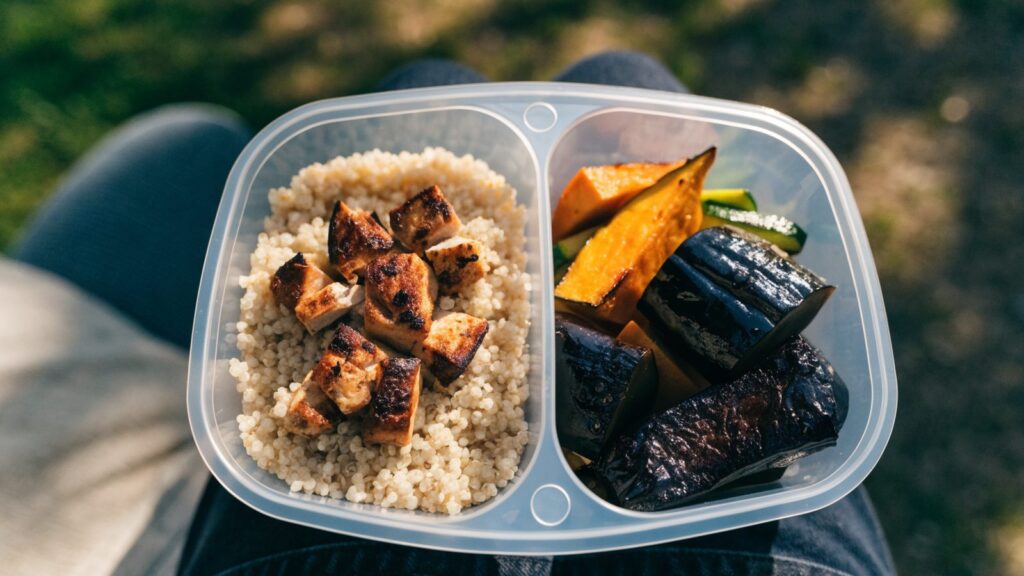 High protein lunch bowl with grilled chicken, quinoa and vegetables in a divided container