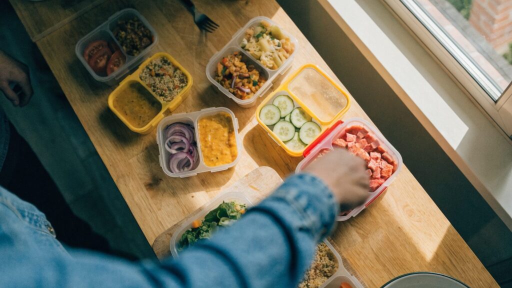 Colorful kids lunchboxes packed with meal prep portions on a kitchen counter