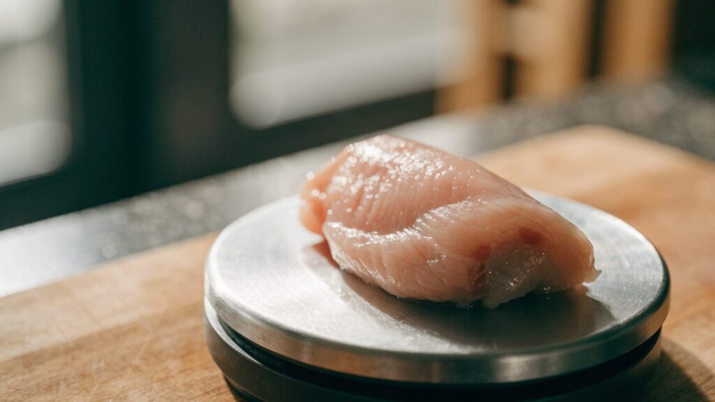 A digital kitchen scale weighing a raw chicken breast