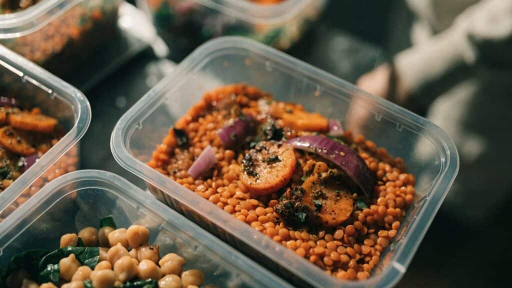 Meal prep containers filled with lentils, chickpeas and roasted vegetables