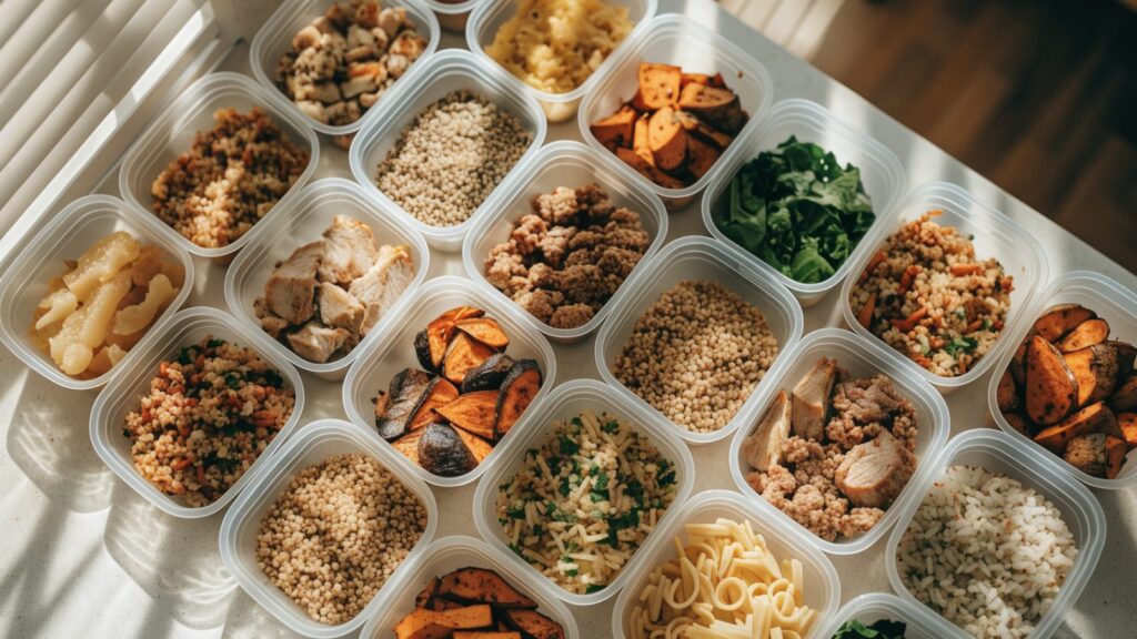 An overhead flat lay of a full week of meal prep containers arranged in a grid