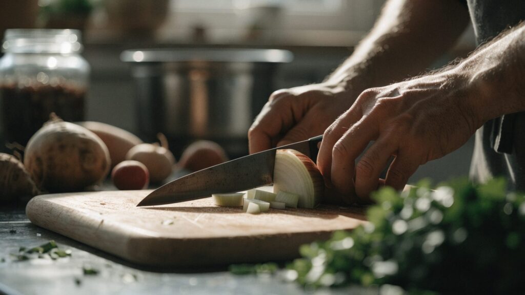 A person prepping vegetables on a cutting board with a knife