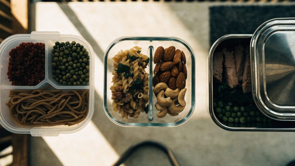 A flat lay comparing plastic, glass and stainless steel meal prep containers