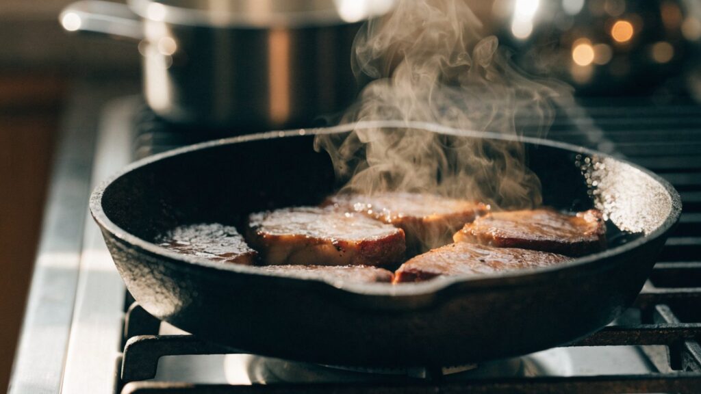 Pork chops searing in a cast iron skillet