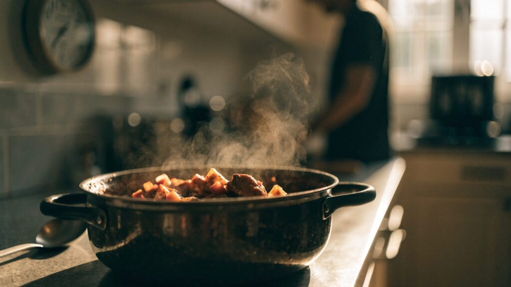 A pot of food sitting on a kitchen counter next to a wall clock