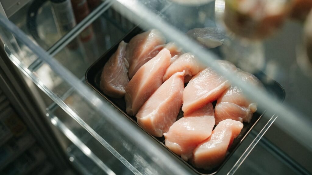 Raw chicken breasts arranged on a tray inside the refrigerator