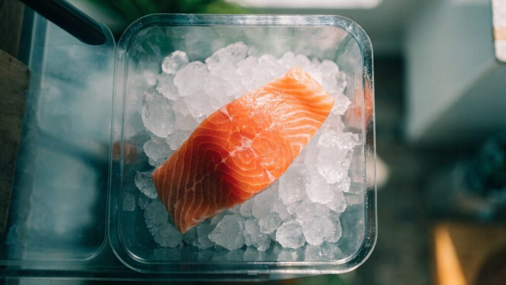 A raw salmon fillet resting on ice in a refrigerator drawer
