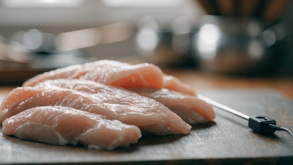 Raw turkey breast pieces on a cutting board next to a digital food thermometer