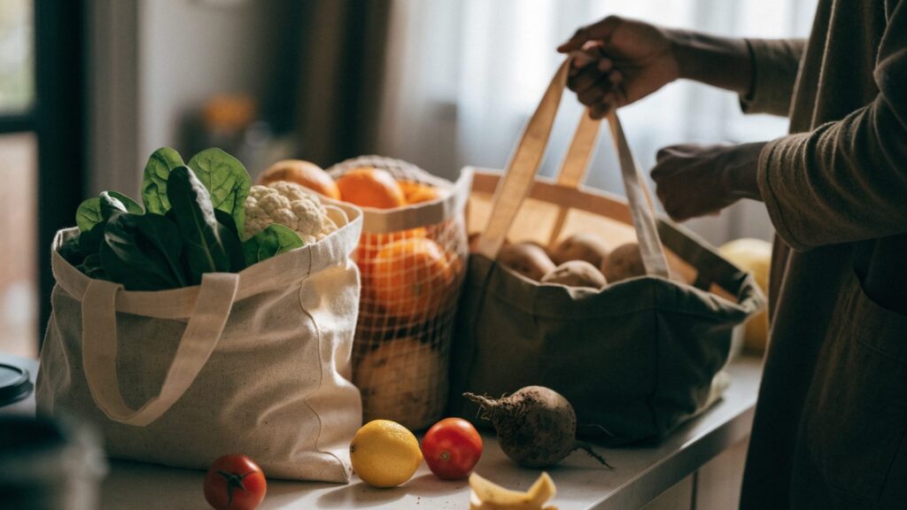 Reusable grocery bags filled with fresh produce being unpacked on a kitchen counter