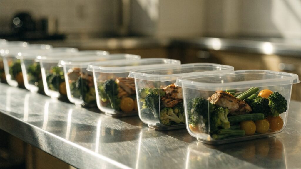 A row of identical meal prep containers with grilled protein and vegetables