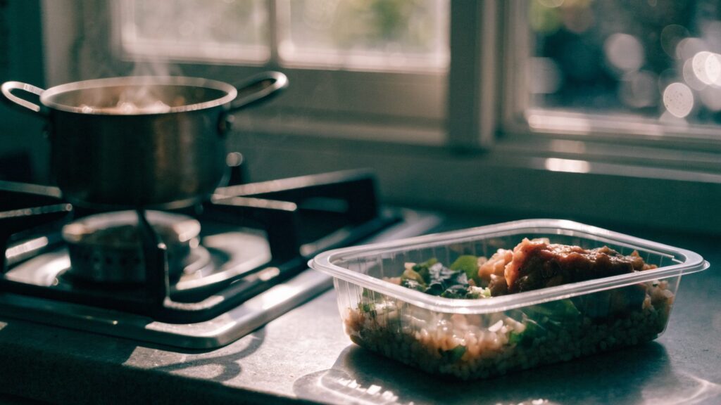 A single-portion meal prep container next to a small pot on the stove