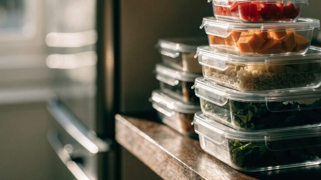 A stack of glass meal prep containers with clip lids on a kitchen shelf