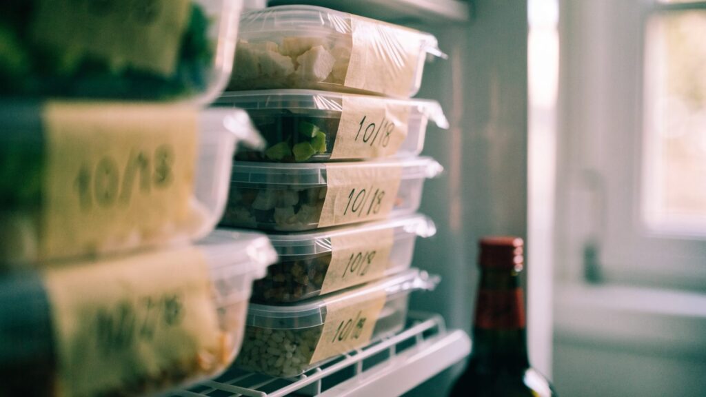 A stack of labeled meal prep containers in the fridge, dated with masking tape