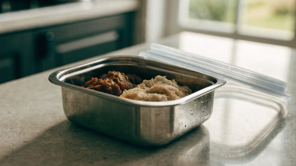 Stainless steel meal prep container with its silicone gasket lid propped open beside it