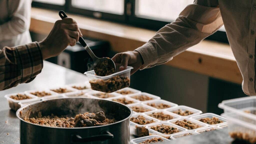 A large stockpot of cooked food being divided into multiple meal prep containers