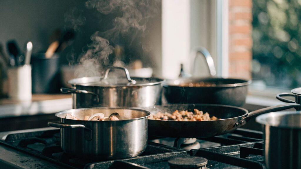 A Sunday meal prep session with multiple pots and pans cooking at once