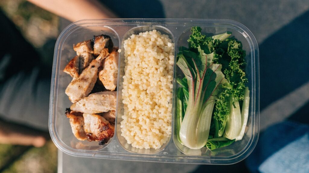 A three-compartment meal prep container with protein, starch and vegetable sections