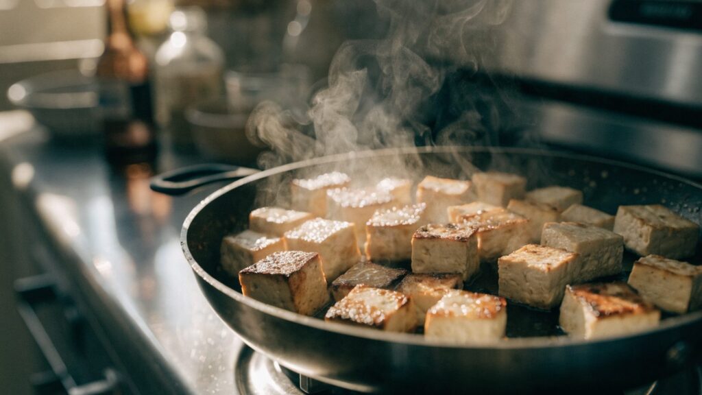 Tofu cubes pan-frying in a skillet with a golden crust