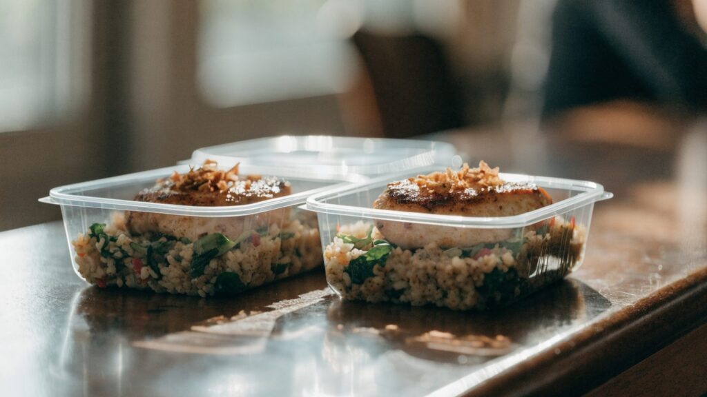 Two matching meal prep containers side by side, portioned for two people