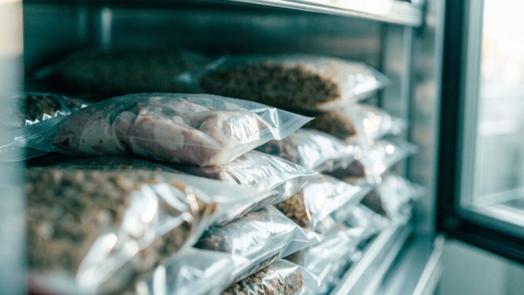 Vacuum-sealed bags of meal prep portions stacked flat inside a freezer