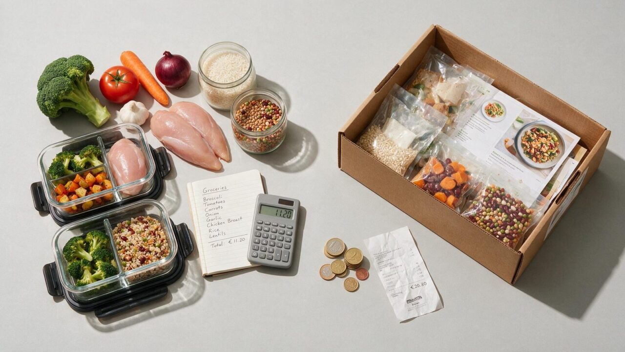 Comparativa visual entre ingredientes para cocinar en casa y una caja de kit de comida a domicilio con monedas de euro