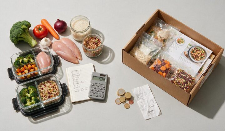 Comparativa visual entre ingredientes para cocinar en casa y una caja de kit de comida a domicilio con monedas de euro