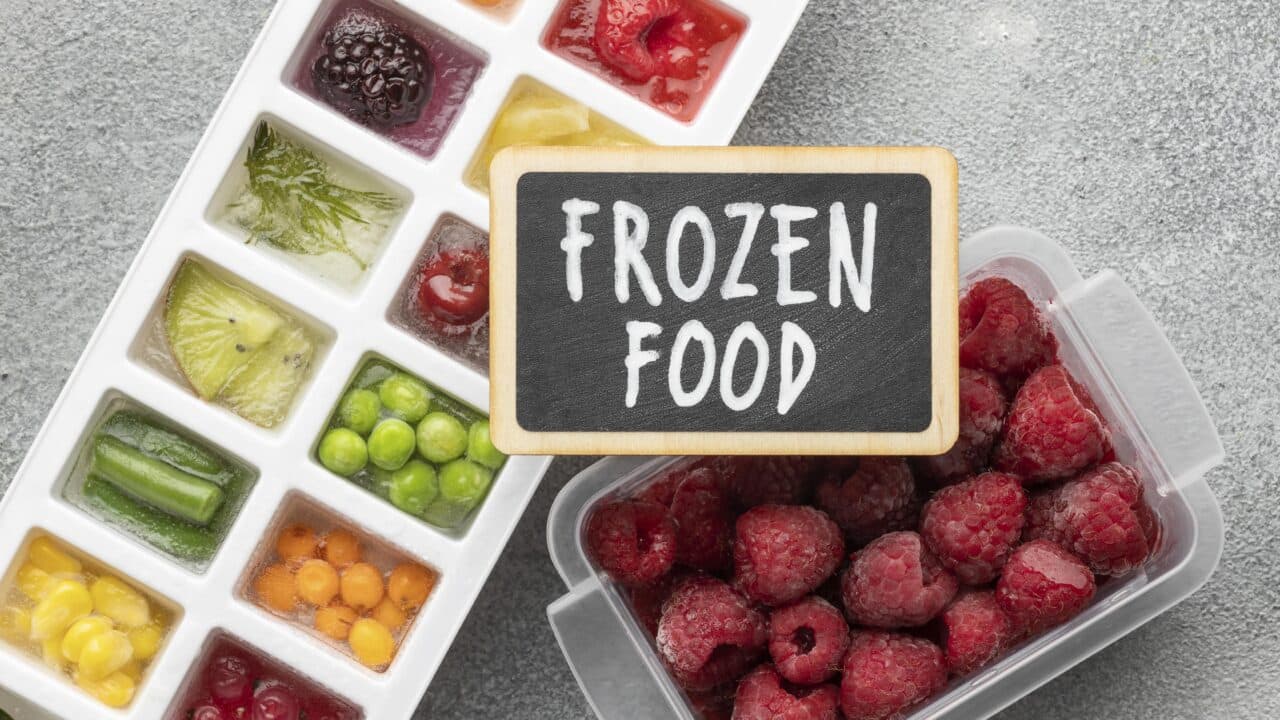 Flat lay of frozen vegetables and fruit in bags and containers, the kind of batches a freezer inventory sheet tracks