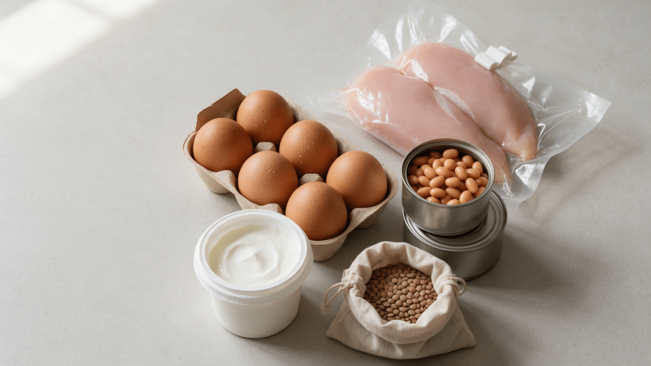 A carton of eggs, raw chicken breast, canned beans, a tub of Greek yogurt, and a bag of dried lentils on a kitchen counter