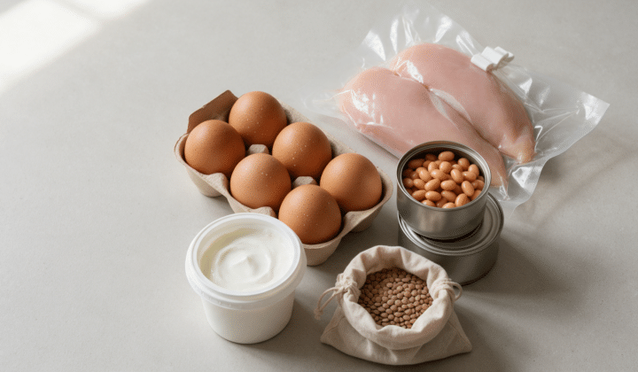 A carton of eggs, raw chicken breast, canned beans, a tub of Greek yogurt, and a bag of dried lentils on a kitchen counter
